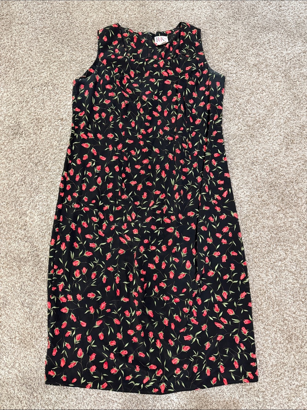 R&K Sleeveless Black Midi Dress with Pink Floral Print